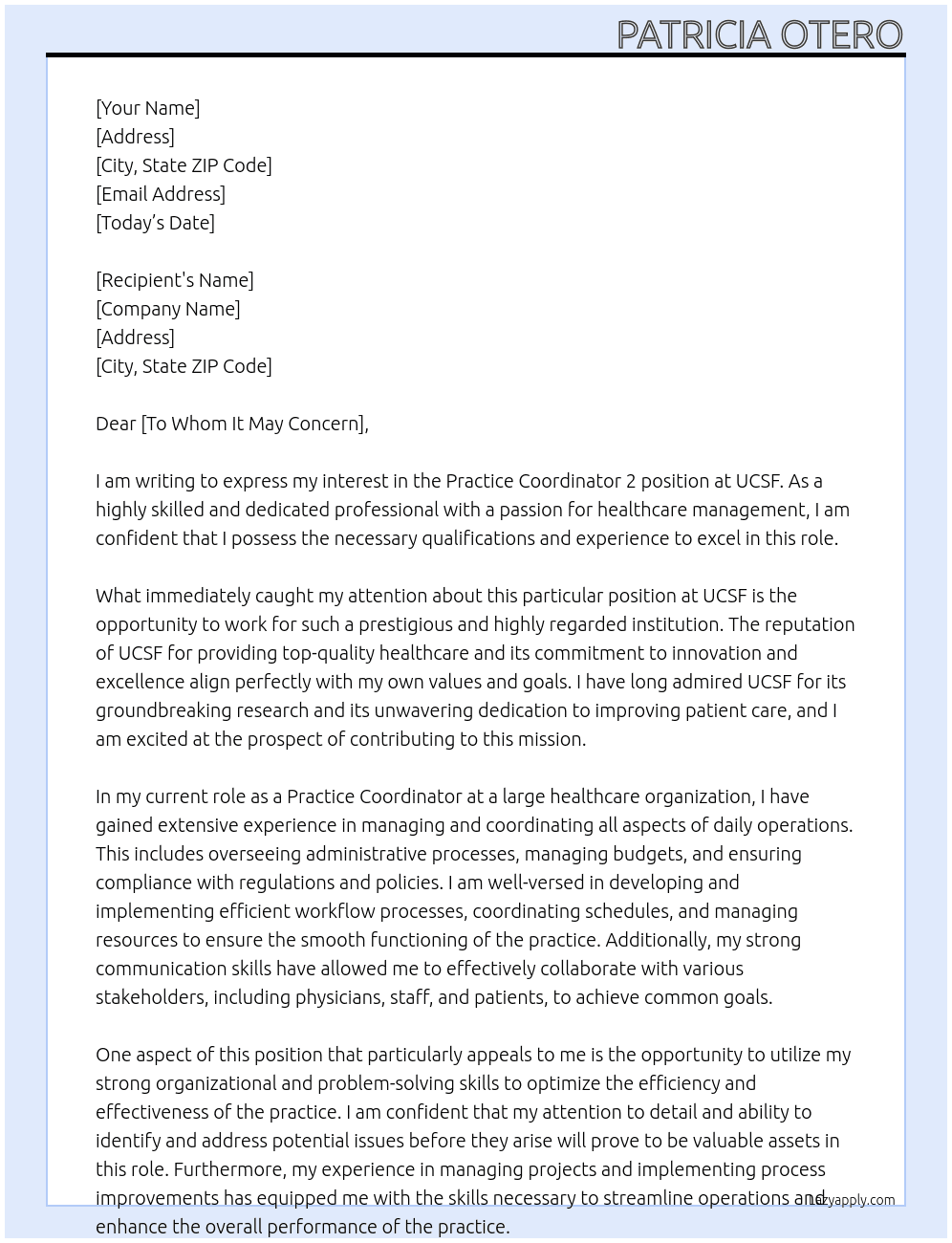 Practice Coordinator 2 At UCSF Cover Letter