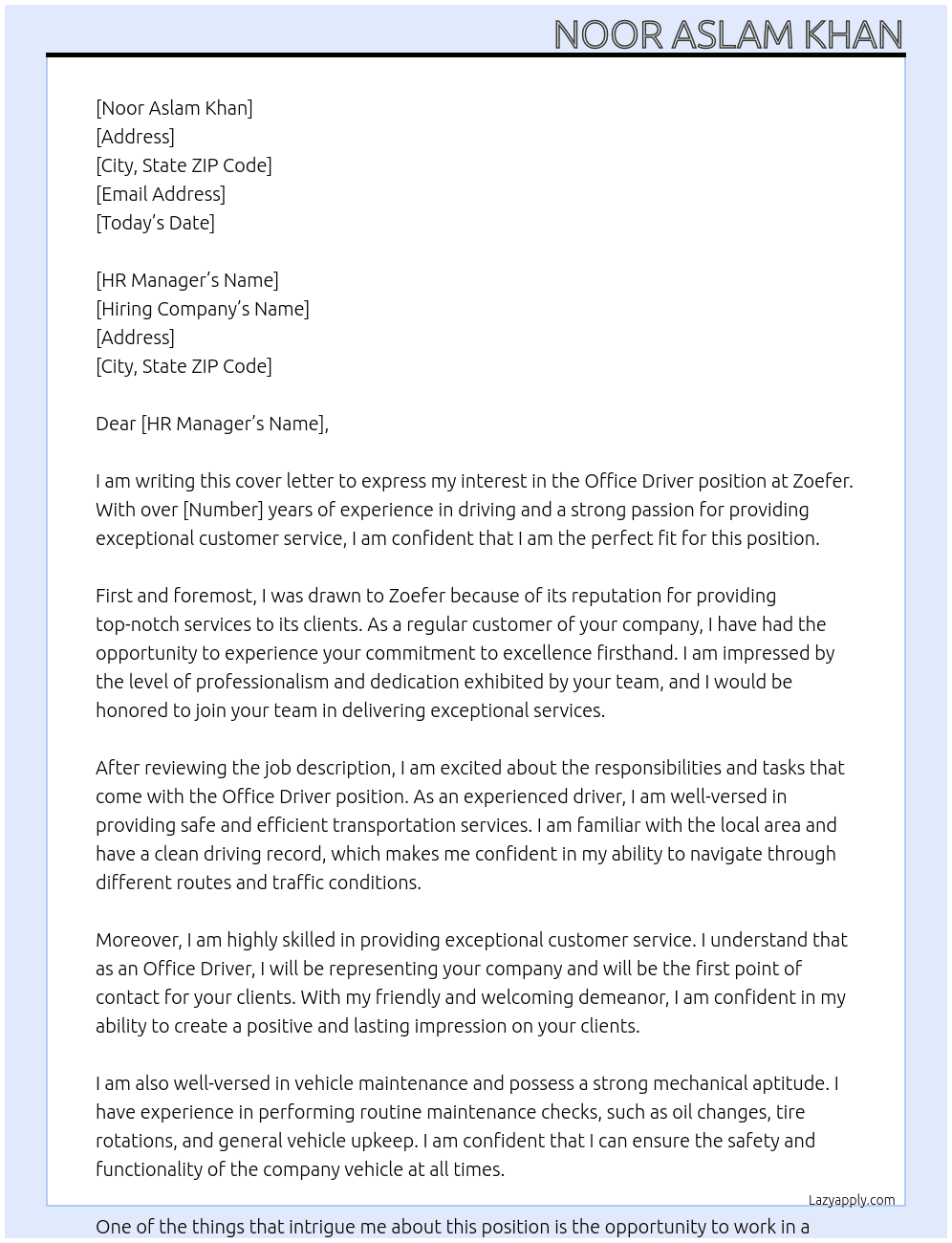 office driver At Zoefer Cover Letter