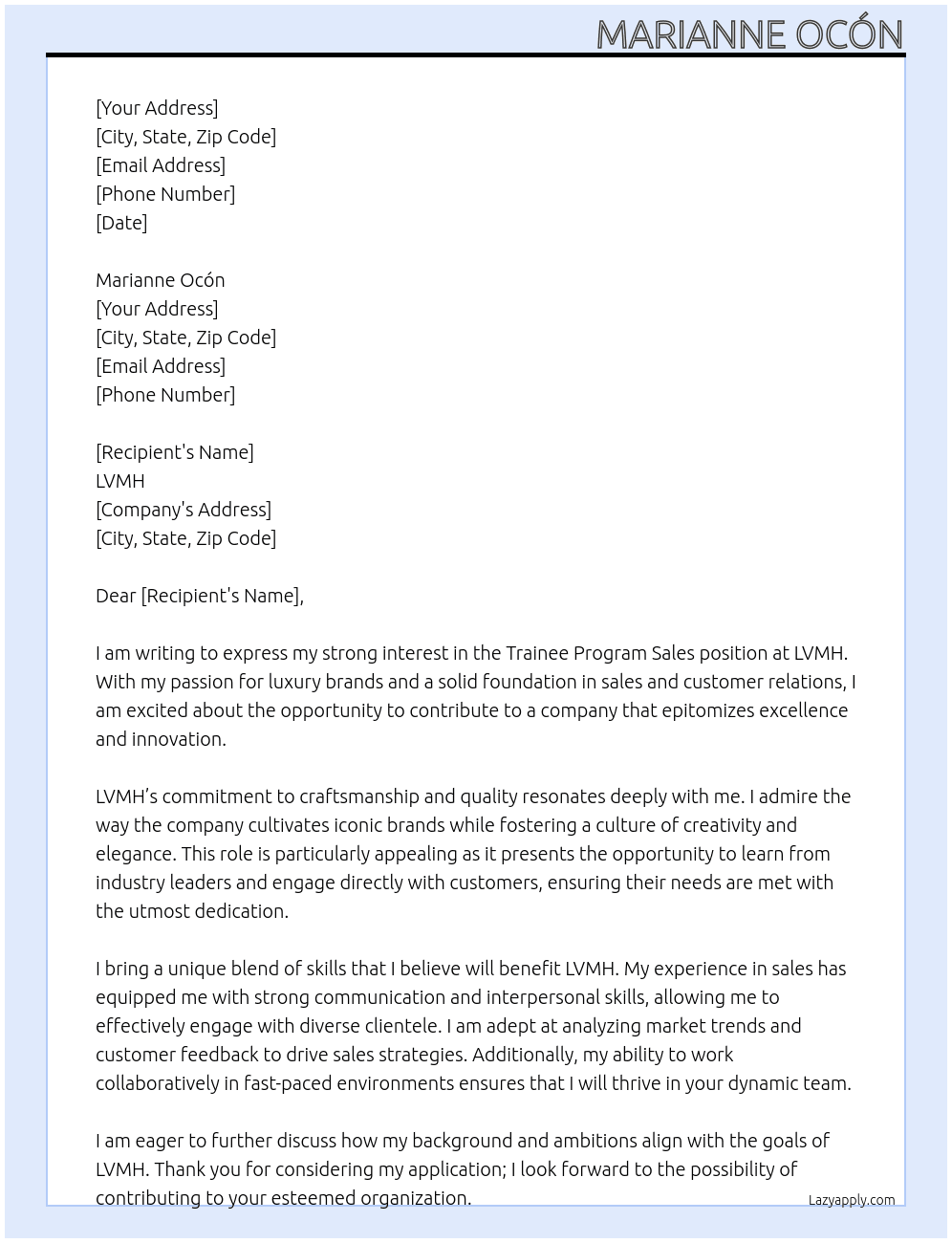 Trainee Program Sales At LVMH Cover Letter