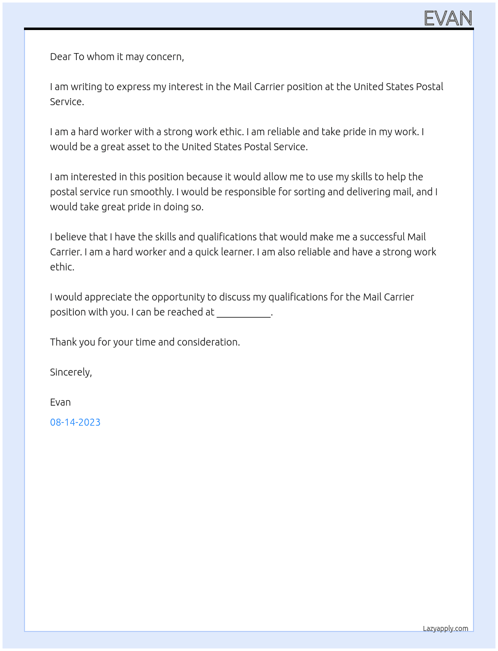 Mail carrier At United States postal service  Cover Letter