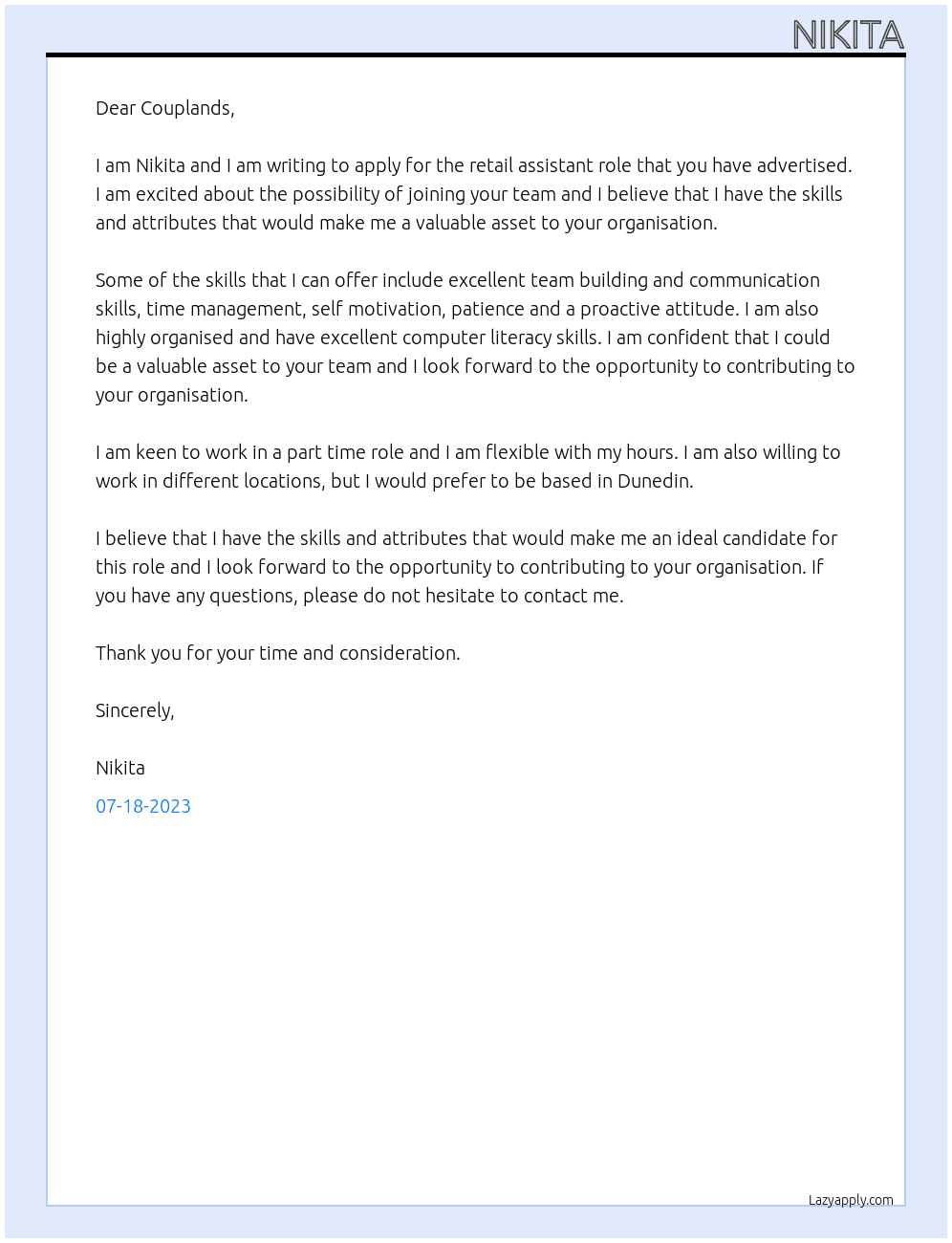 Retail assistant At Couplands Cover Letter