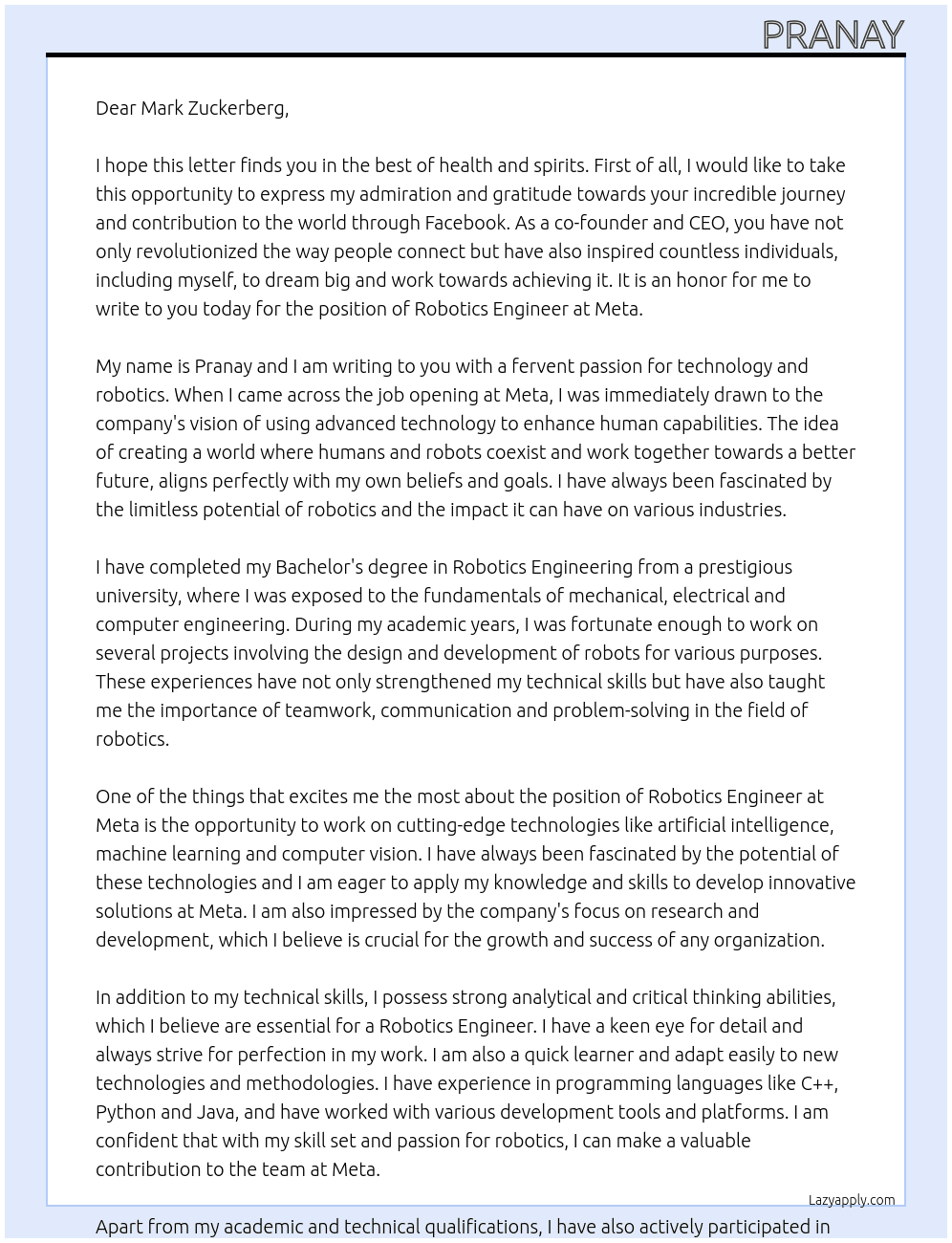 Robotics Engineer  At Meta Cover Letter