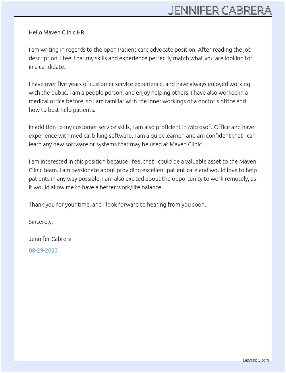 Patient care advocate At Maven Clinic Cover Letter