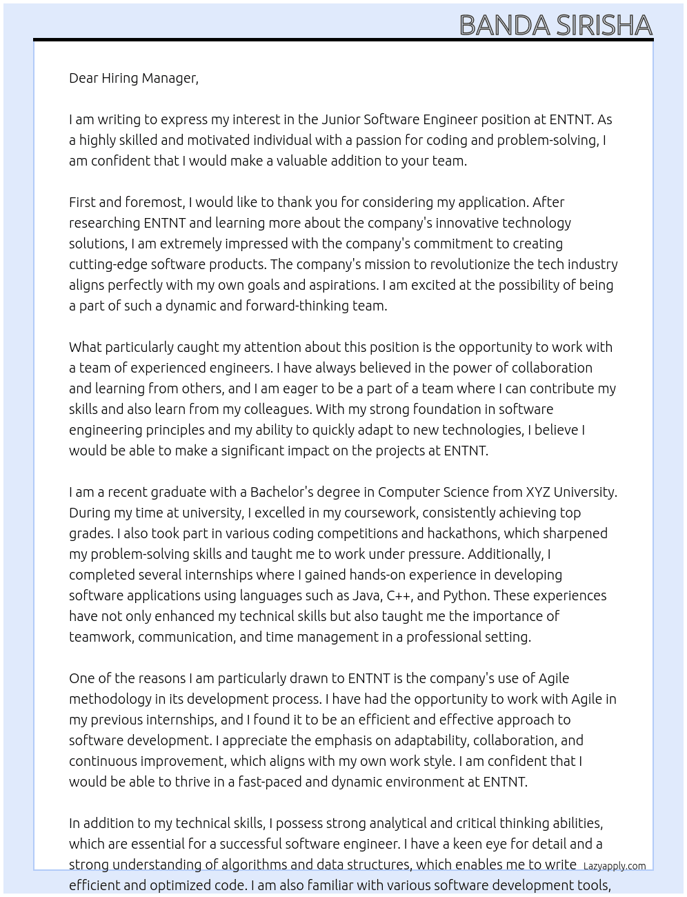 Junior software engineer  At ENTNT Cover Letter