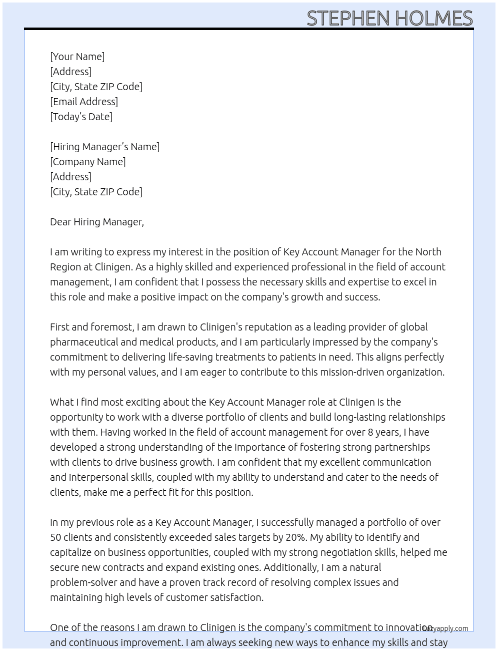 Key Account Manager - North Region At Clinigen Cover Letter
