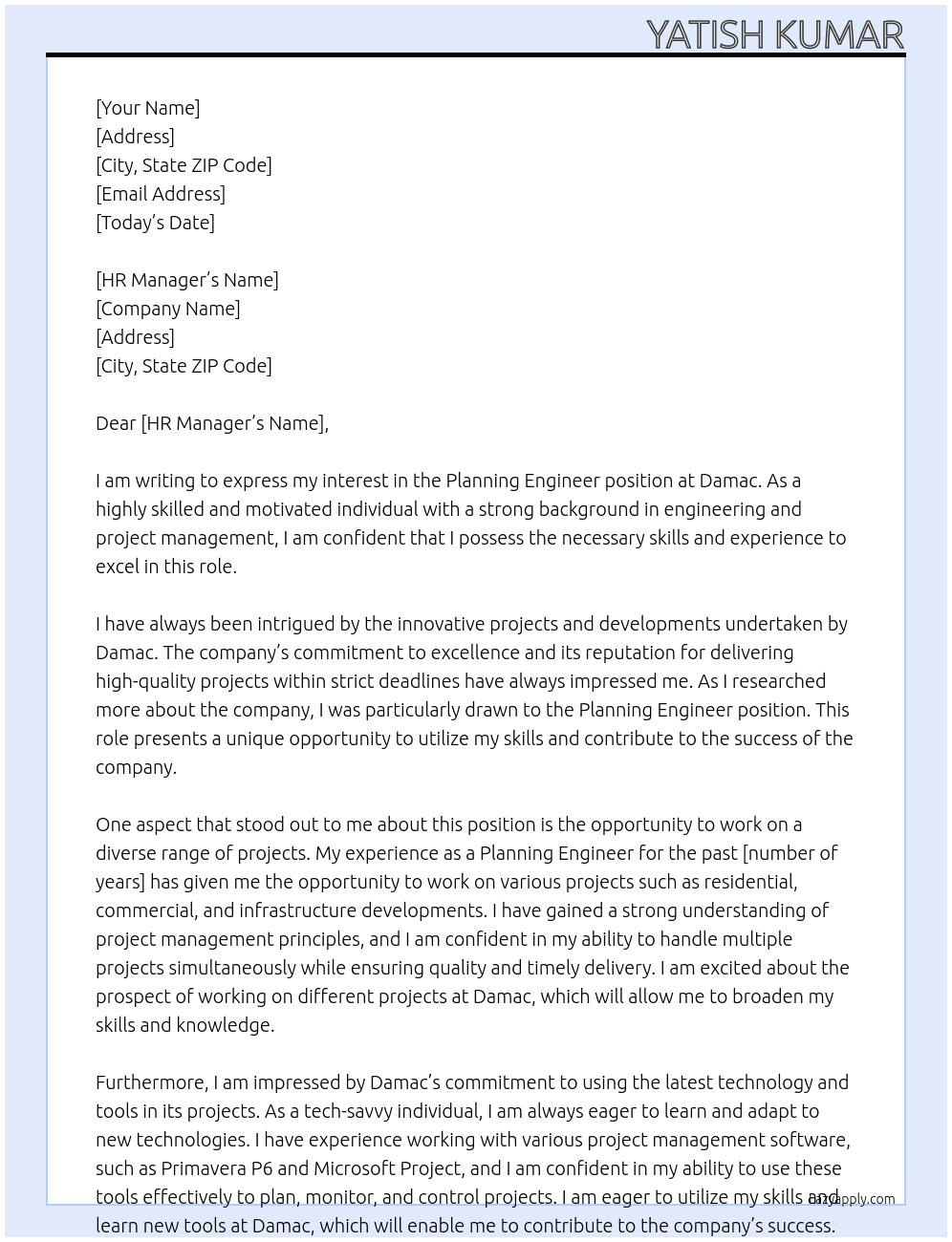 planning engineer At damac Cover Letter