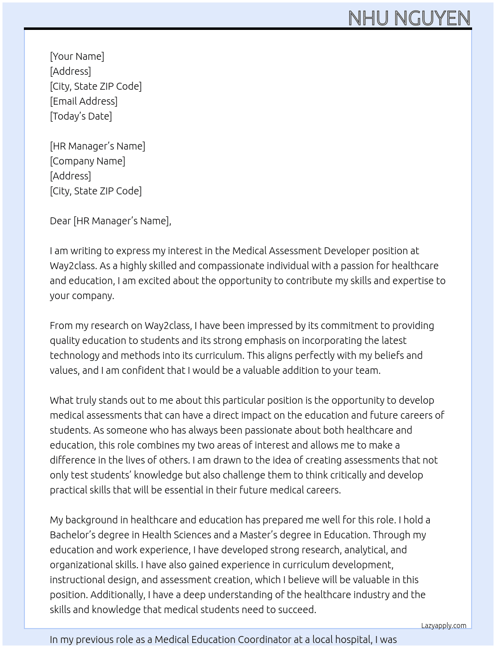medical assessment developer At Way2class Cover Letter