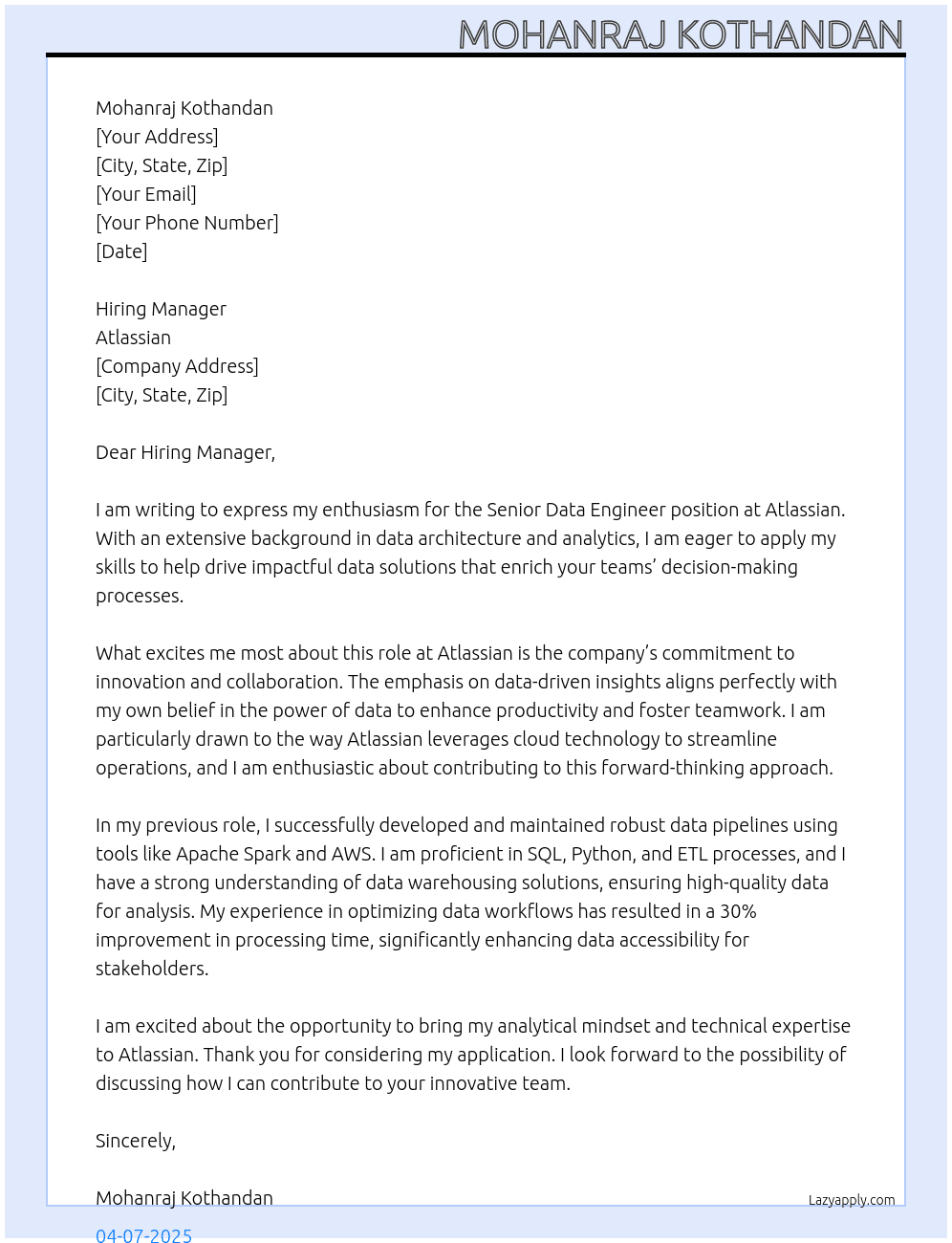 Senior Data Engineer At Atlassian Cover Letter