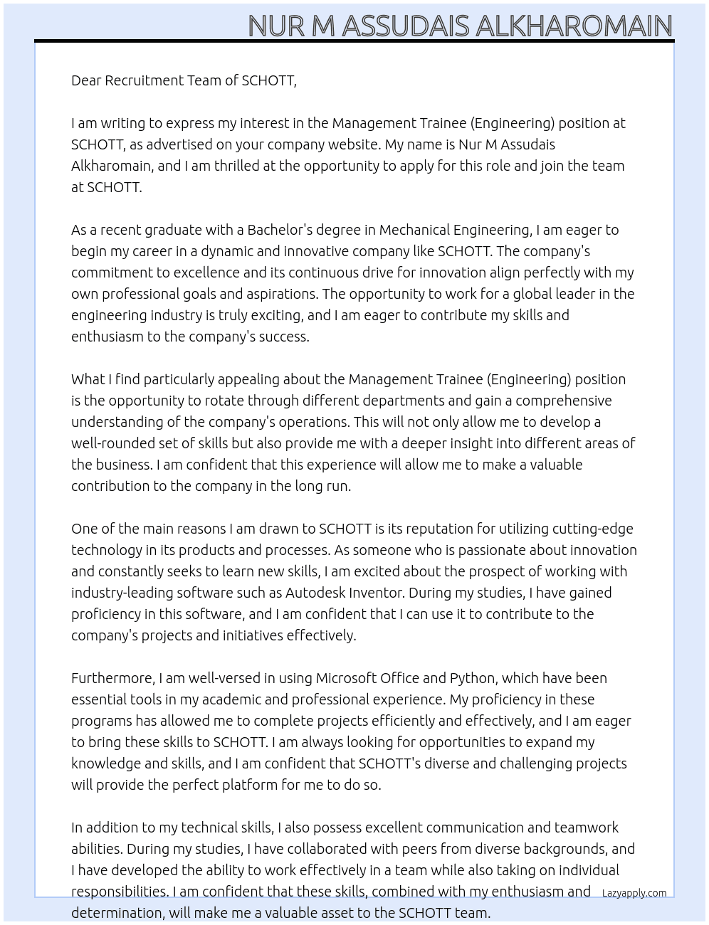 Management Trainee (Engineering) At SCHOTT Cover Letter