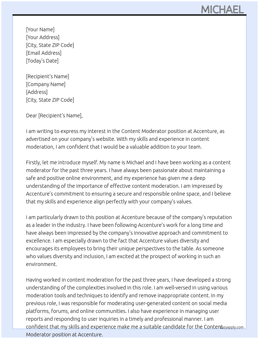 content moderator At Accenture Cover Letter