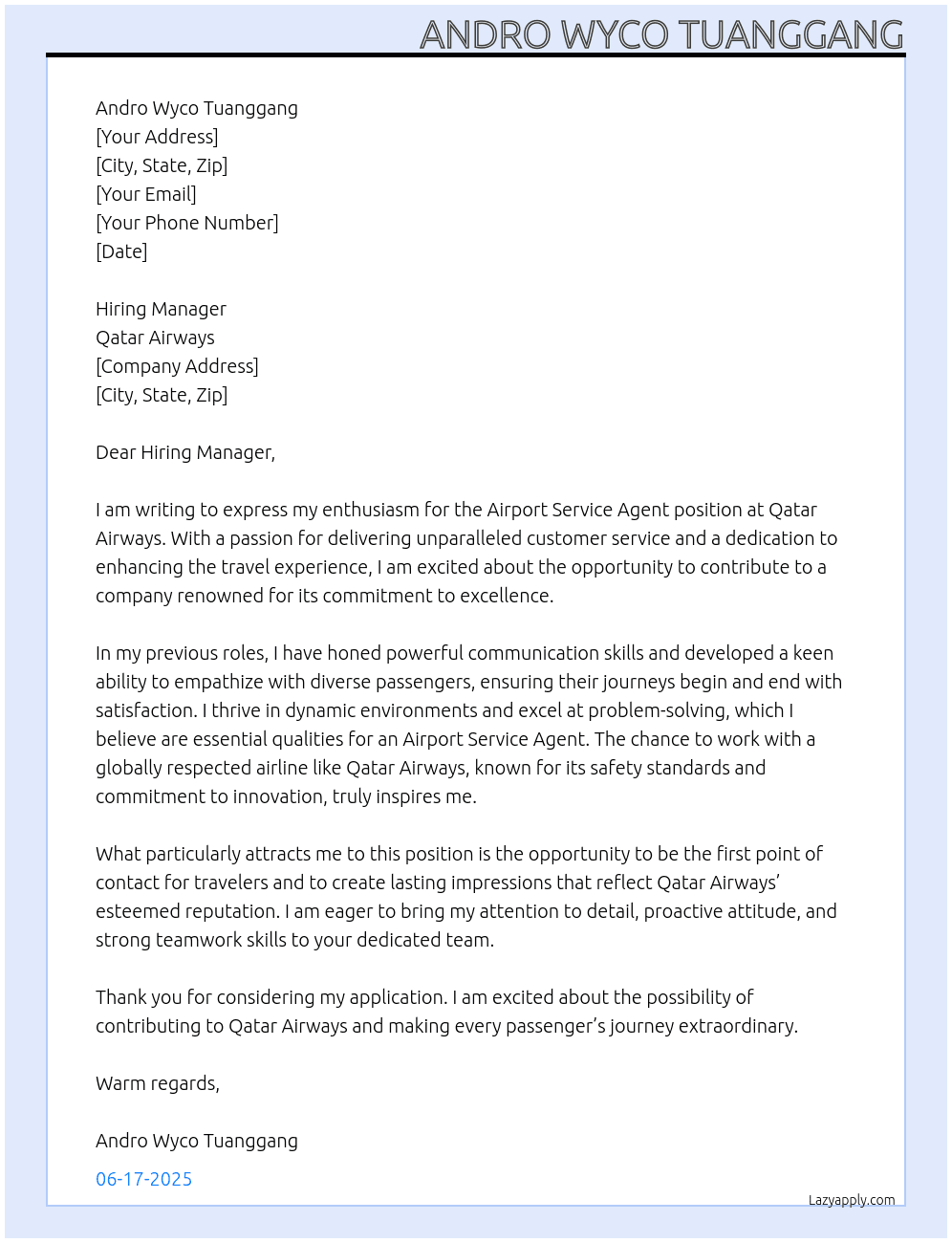 Airport Service Agent At Qatar Airways Cover Letter
