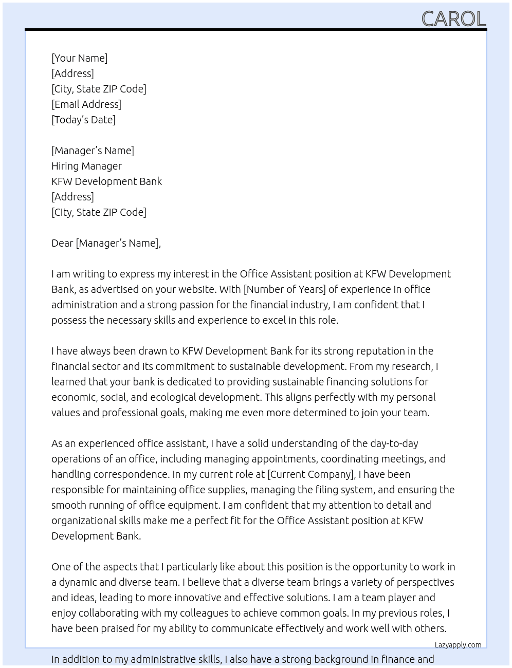 Office Assistant At KFW Development Bank Cover Letter