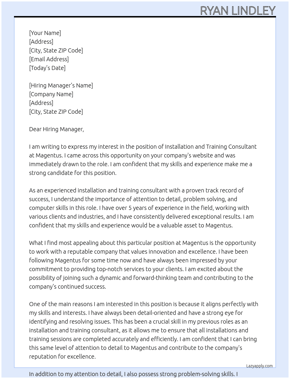 installation and training consultant At Magentus Cover Letter