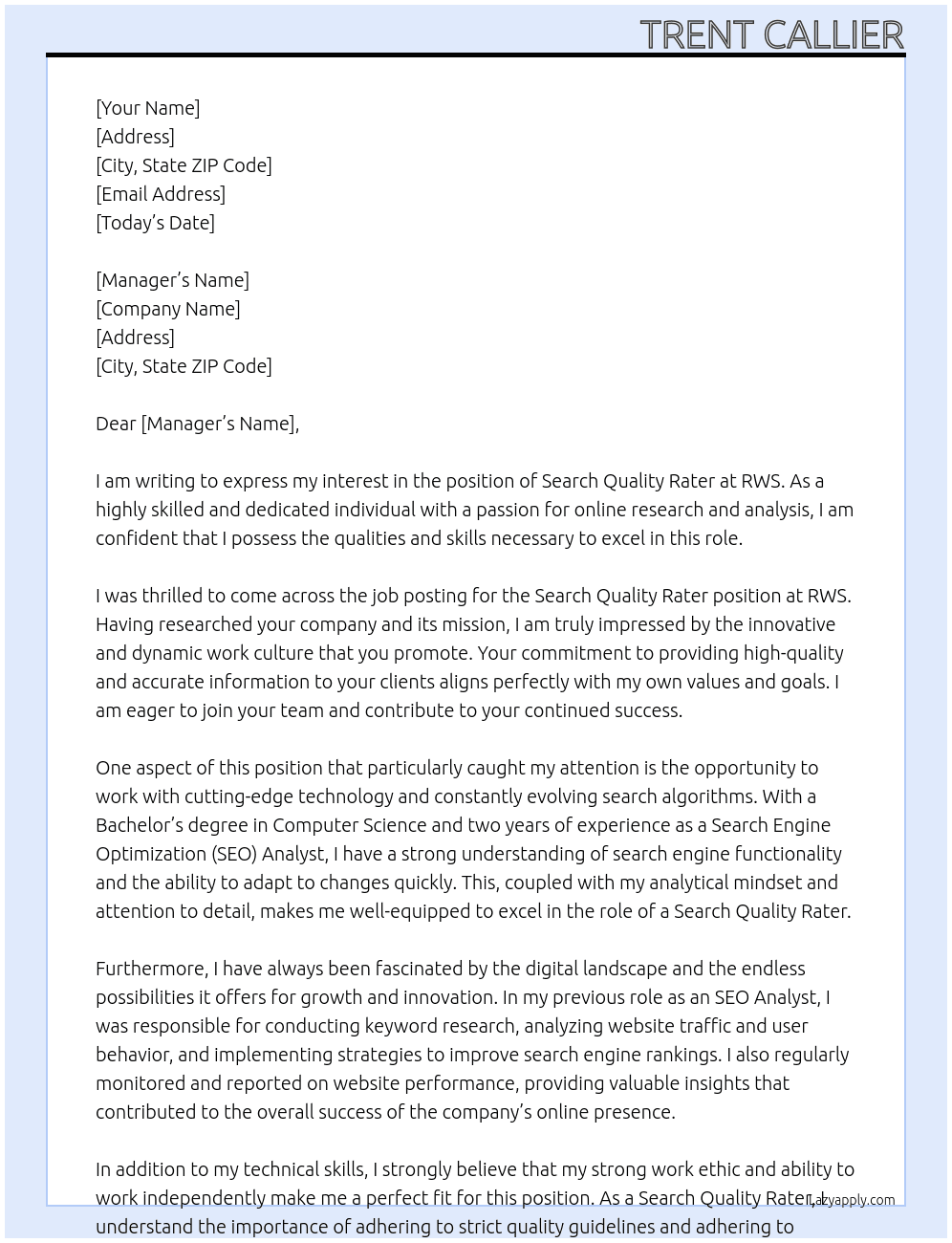 Search Quality Rater At RWS Cover Letter