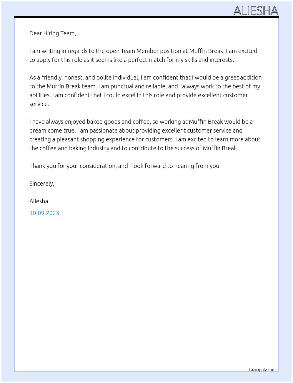 Team Member At Muffin Break Cover Letter