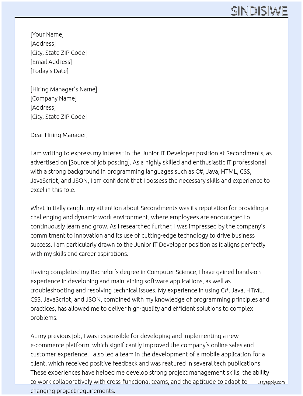 Cover letter for junior it developer - LazyApply