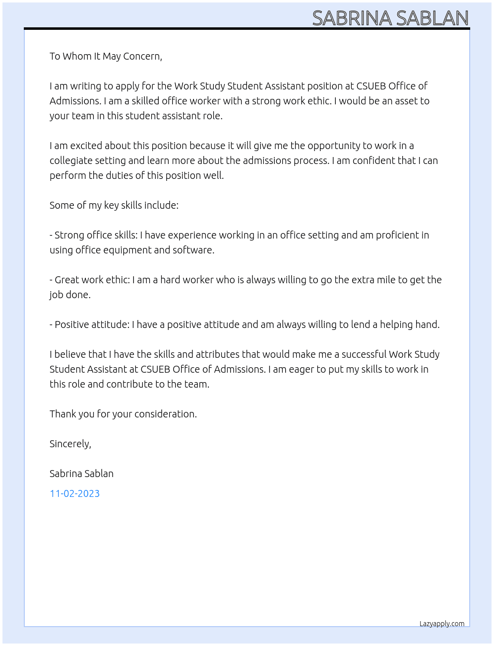 Work Study Student Assistant At CSUEB Office of Admissions Cover Letter
