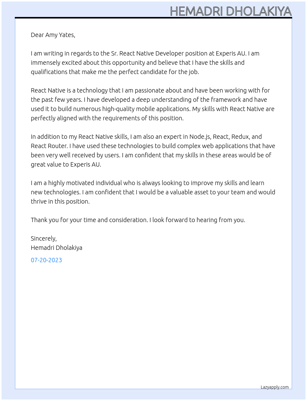 Sr. React Native Developer At Experis AU Cover Letter