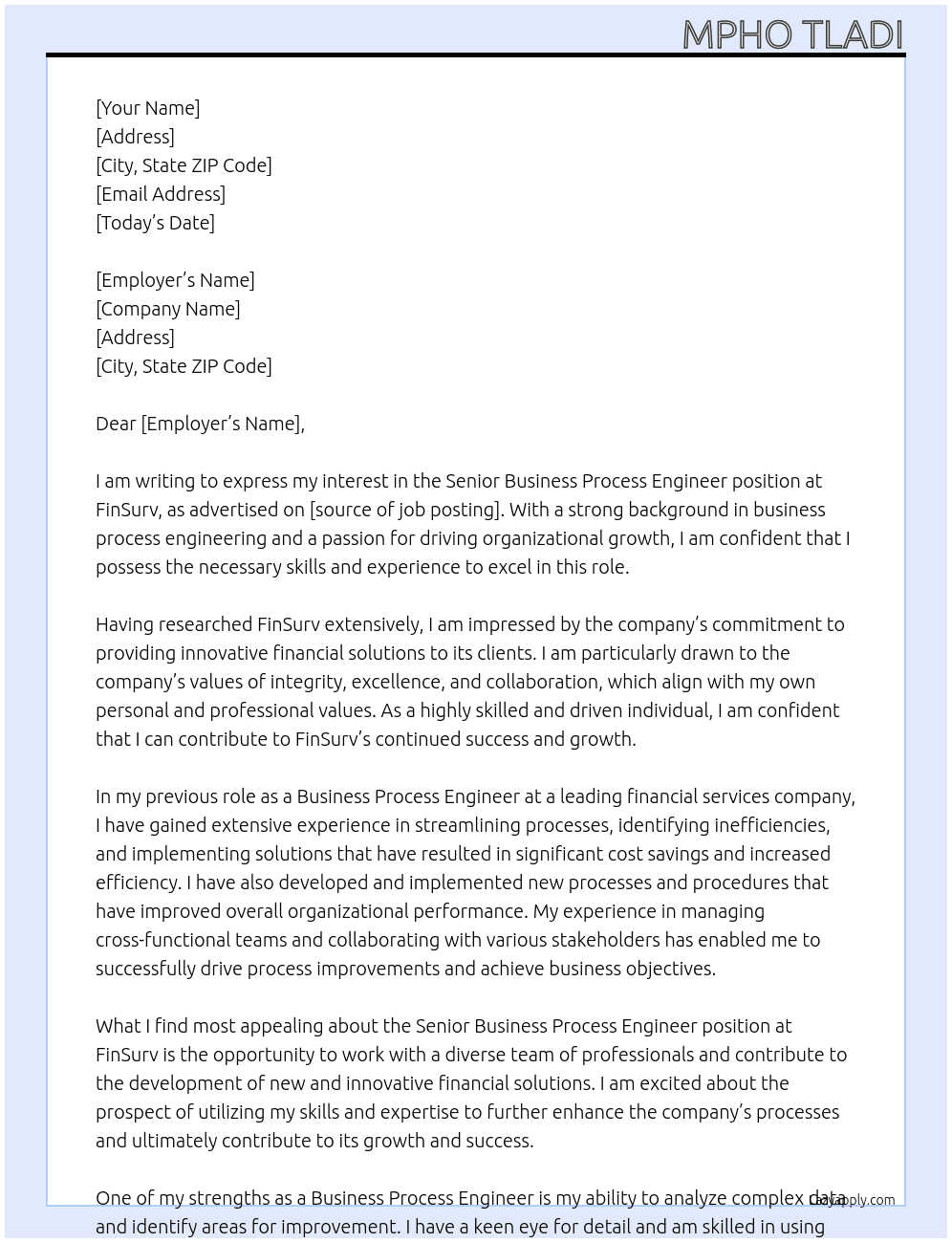 Senior Business Process Engineer At FinSurv Cover Letter