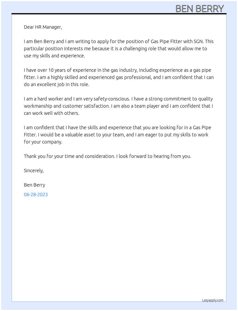Gas pipe fitter  At SGN Cover Letter