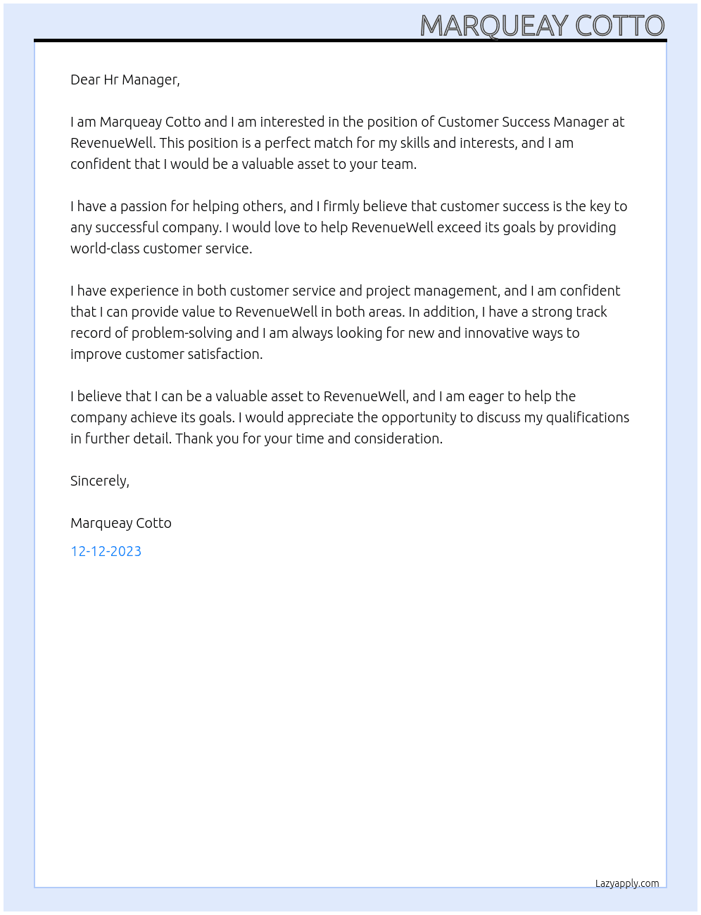 Customer Success Manager At RevenueWell  Cover Letter