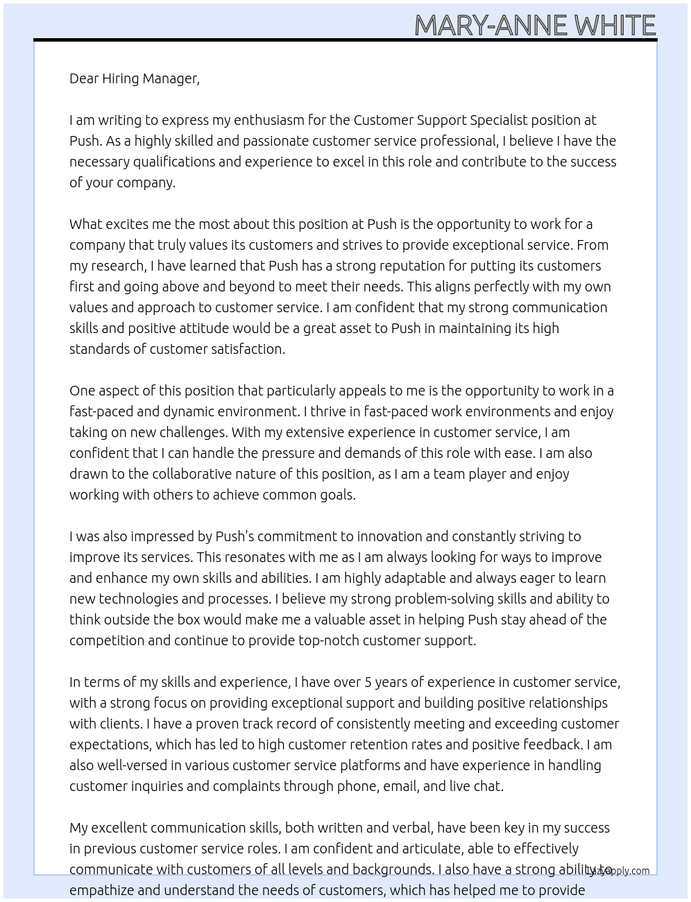 Customer Support Specialist At Push Cover Letter