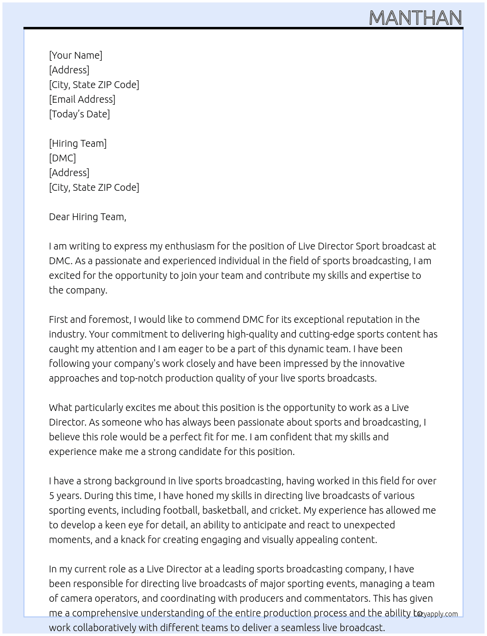 Live Director Sport broadcast  At Dmc Cover Letter