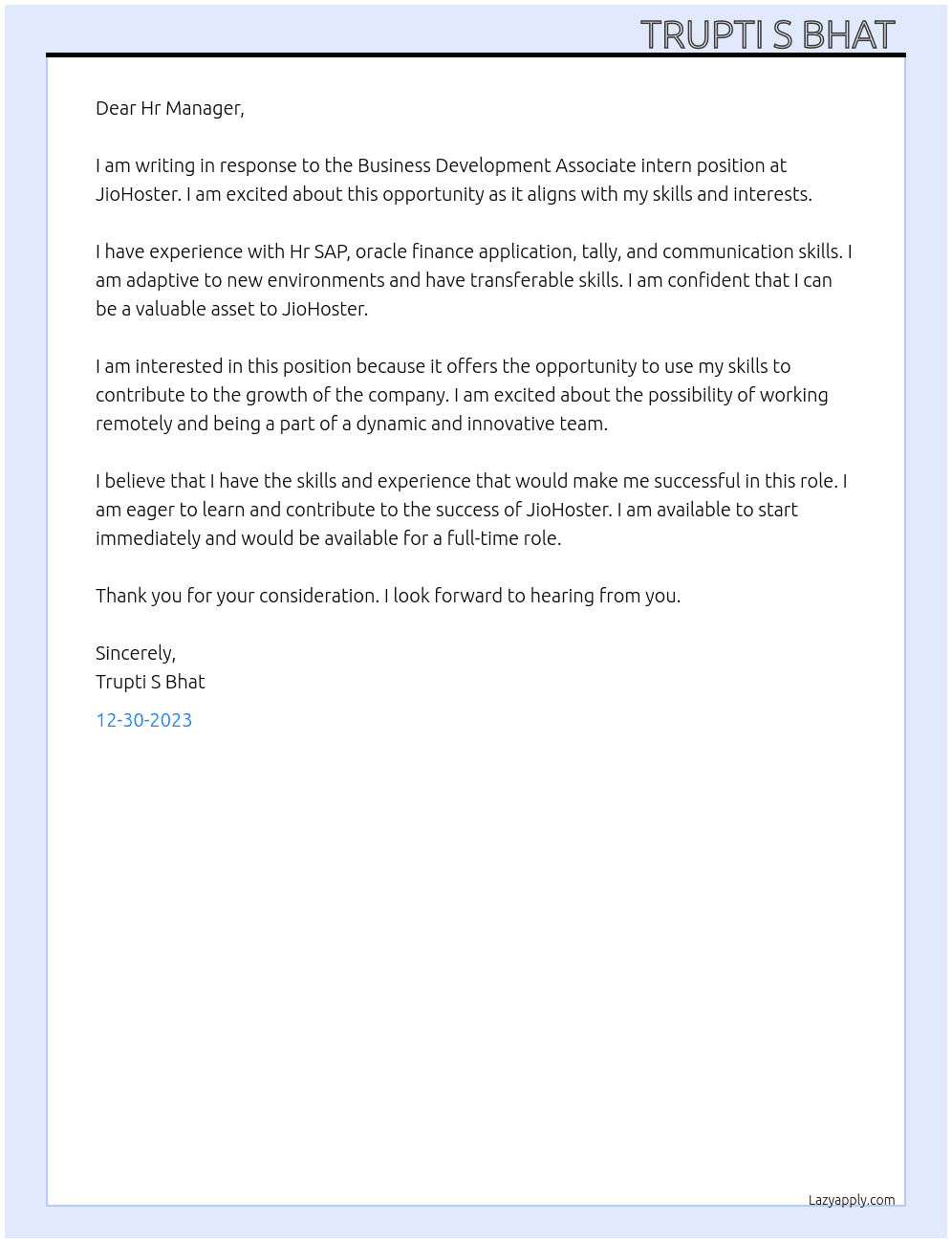 Business Development Associate intern At JioHoster  Cover Letter