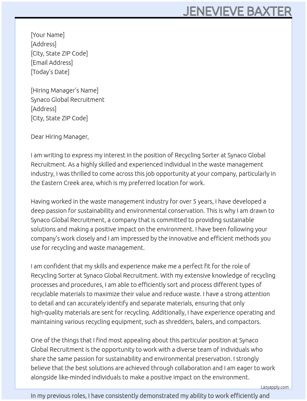 Recycling Sorter At Synaco Global Recruitment Cover Letter