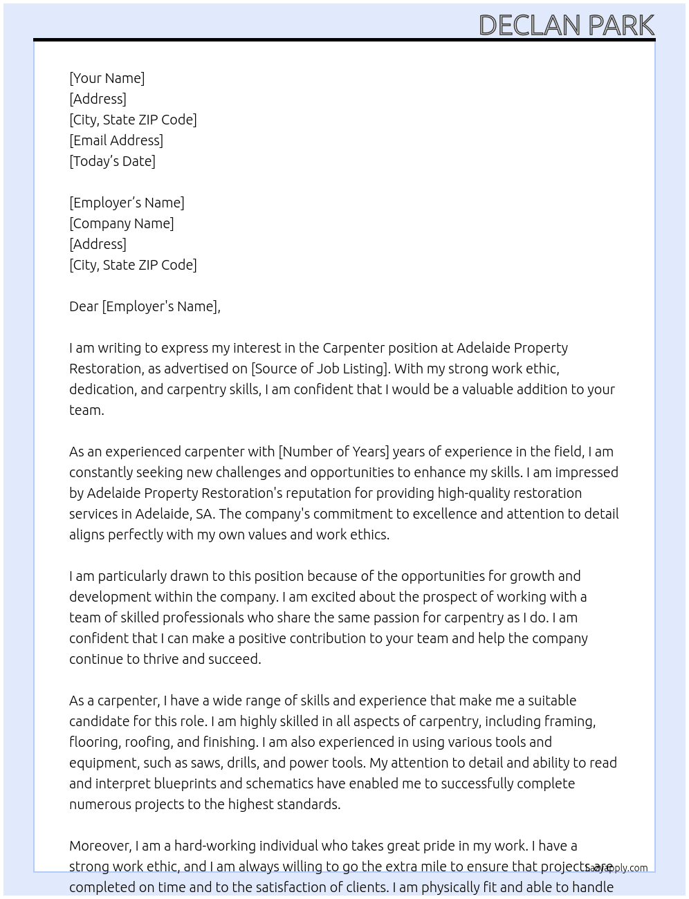Carpenter    At Adelaide Property Restoration Cover Letter