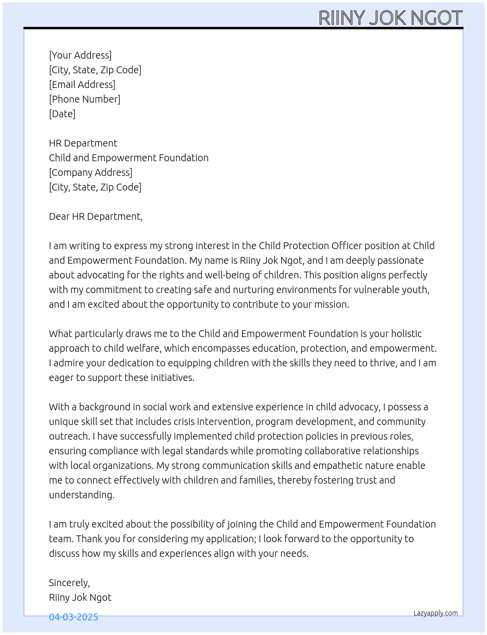 Child protection officer At Child and empowerment foundation Cover Letter