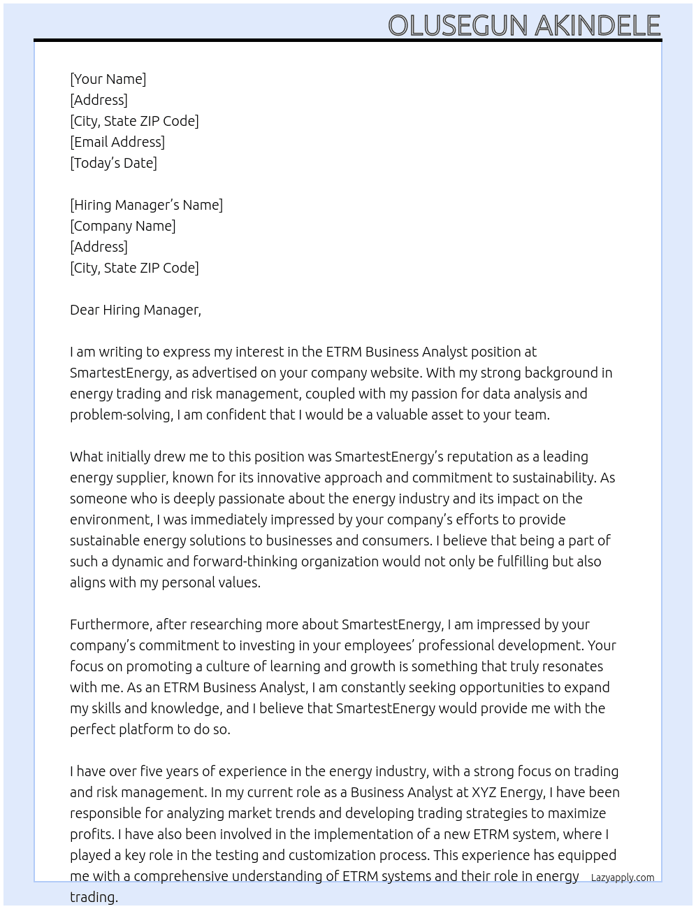 ETRM Business Analyst At SmartestEnergy Cover Letter