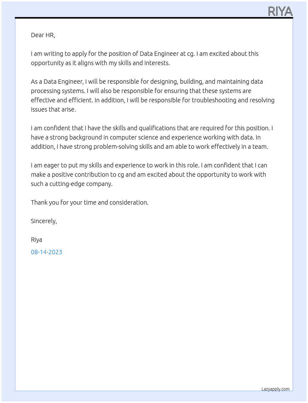 Data Engineer At cg Cover Letter