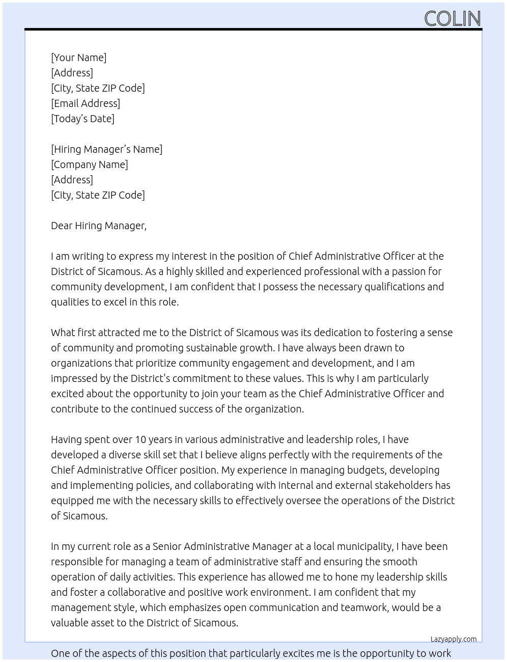 chief administrative officer At District of Sicamous Cover Letter