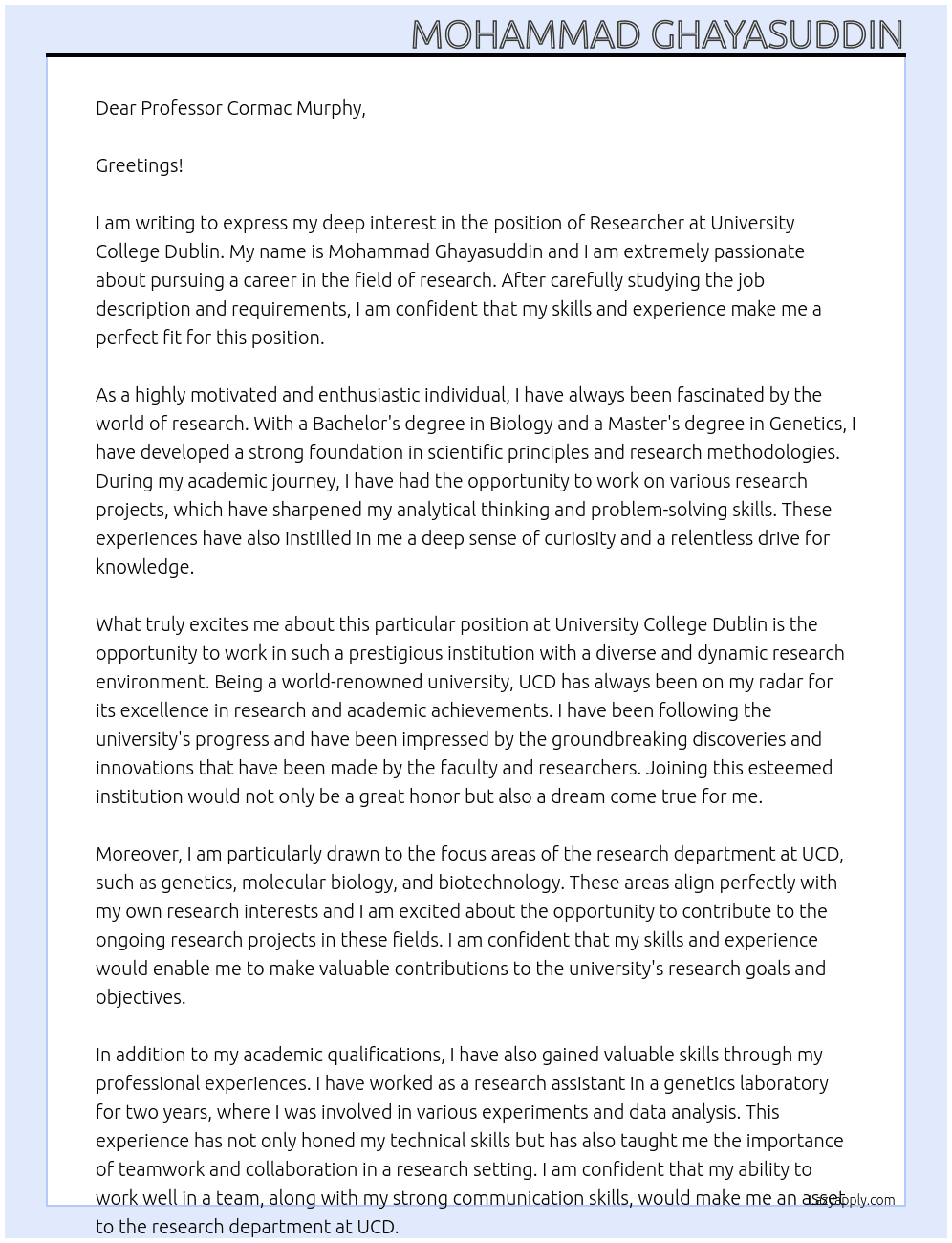 Researcher At university college dublin Cover Letter