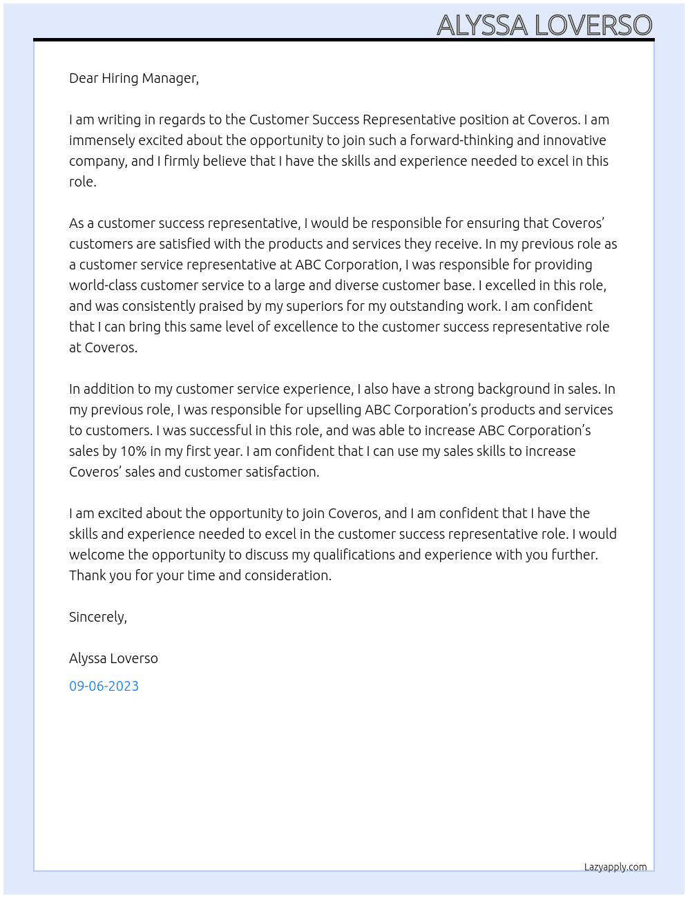 Customer Success Representative At Coveros Cover Letter