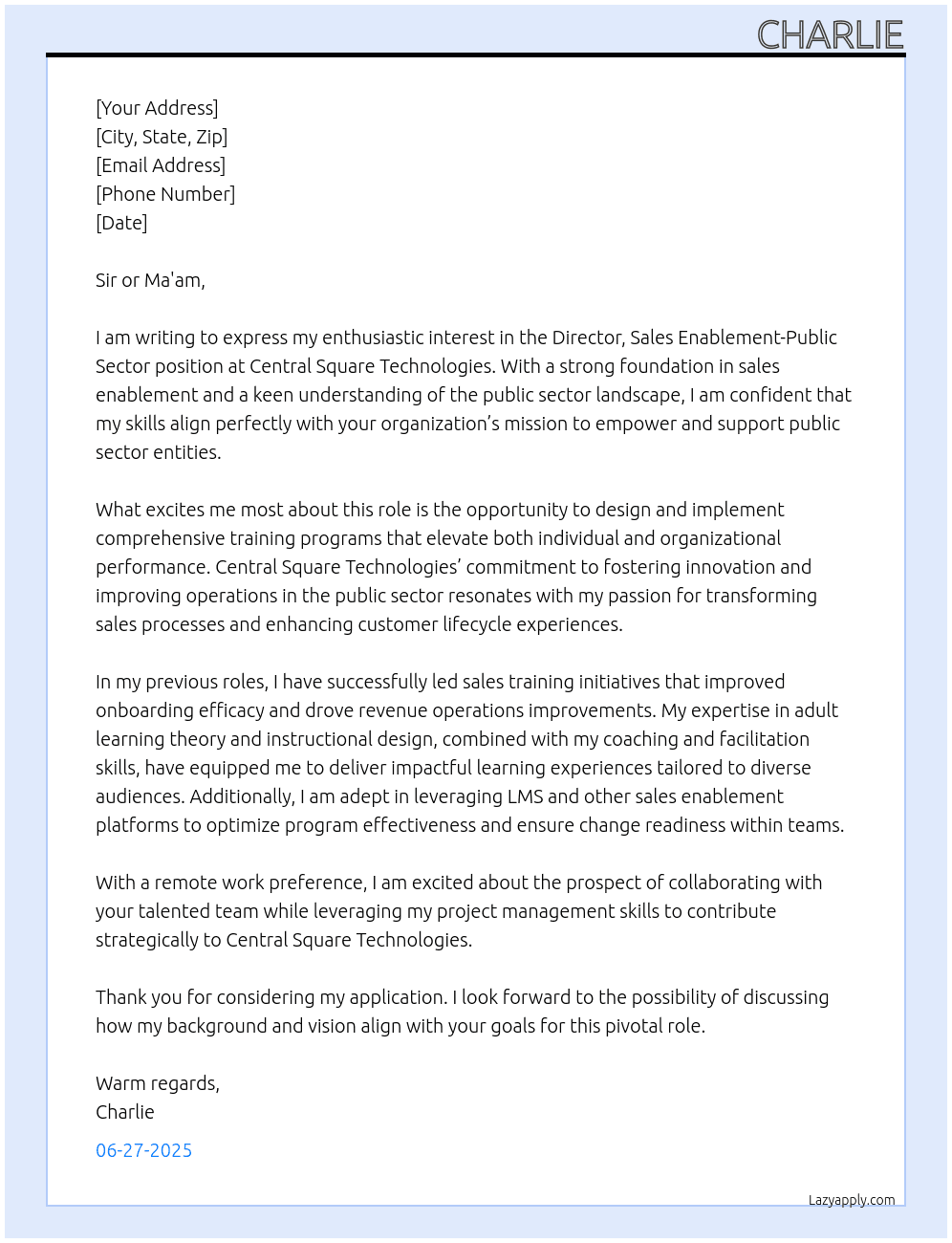 Director, Sales Enablement-Public Sector At Central Square Technologies Cover Letter