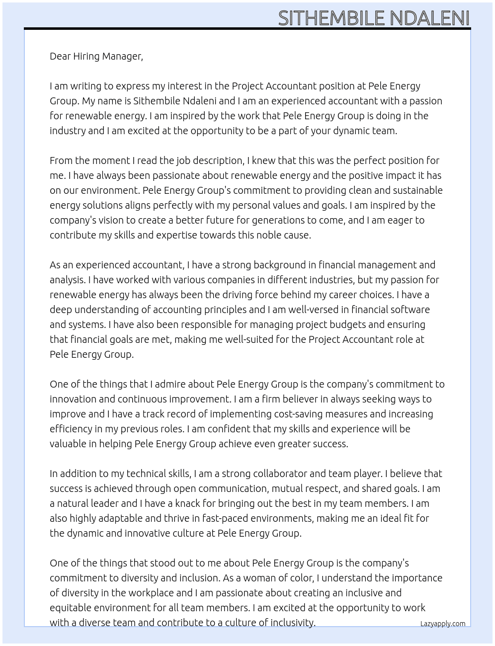 Project Accountant At Pele Energy Group Cover Letter