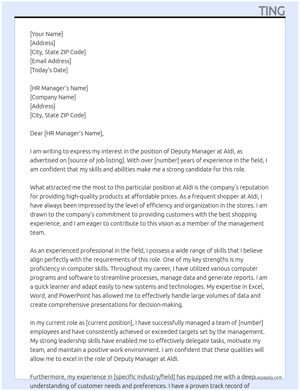Deputy manager At Aldi  Cover Letter