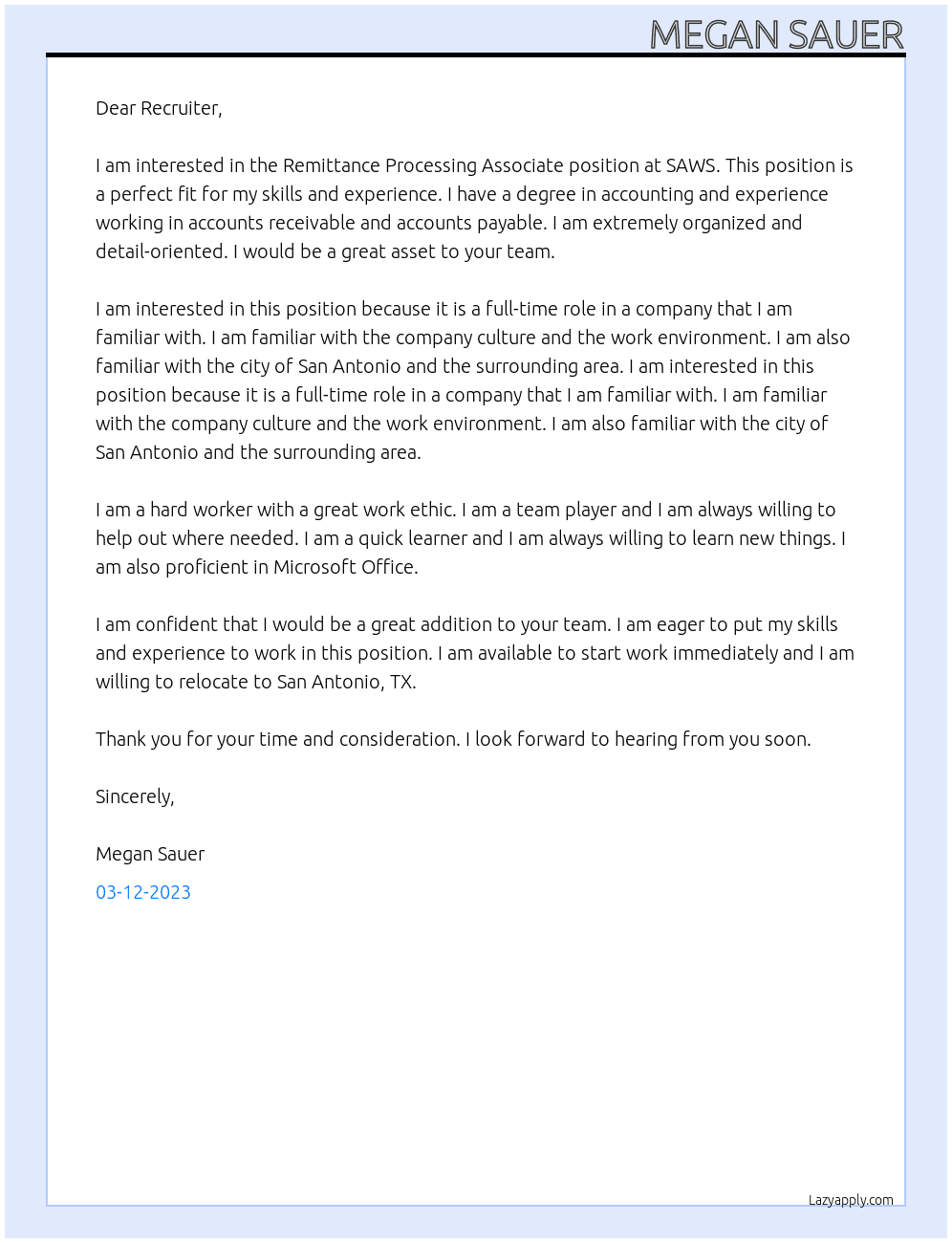 Remittance Processing Associate At SAWS Cover Letter