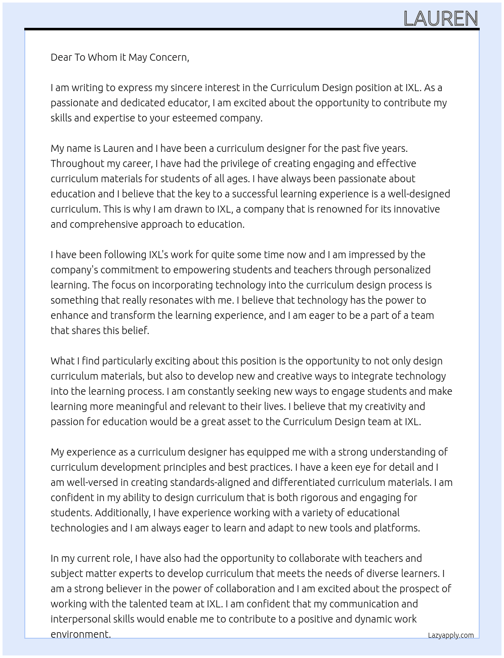 Curriculum Design At IXL Cover Letter