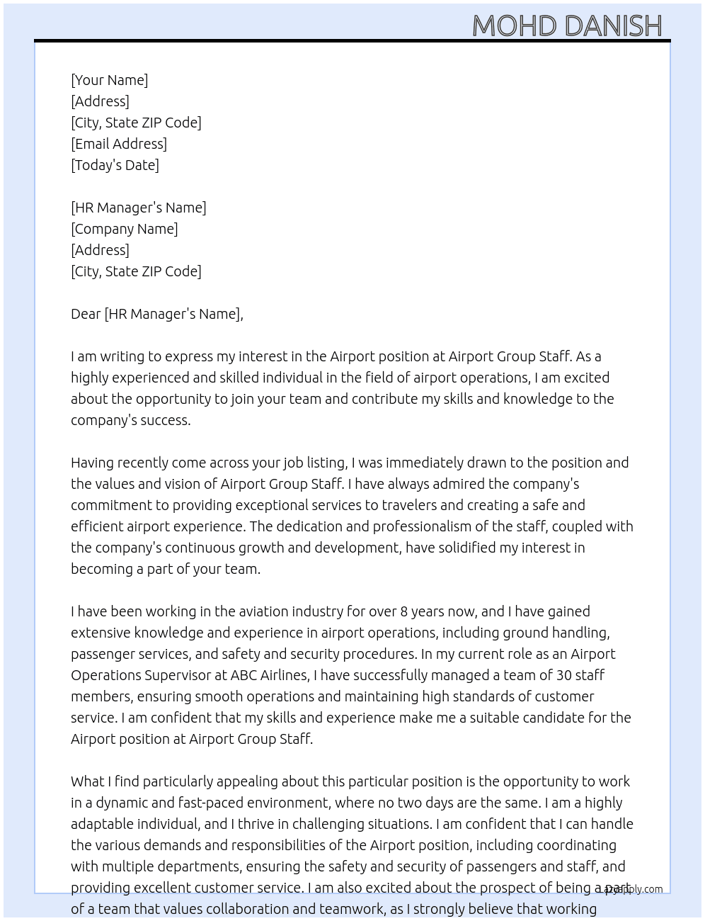 Airport  At Airport group staff  Cover Letter