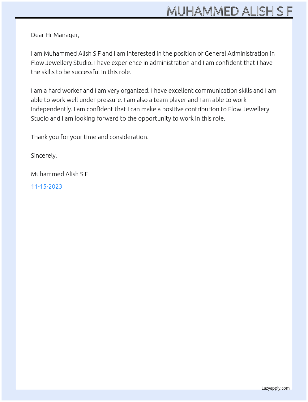 General Administration  At Flow Jewellery Studio  Cover Letter
