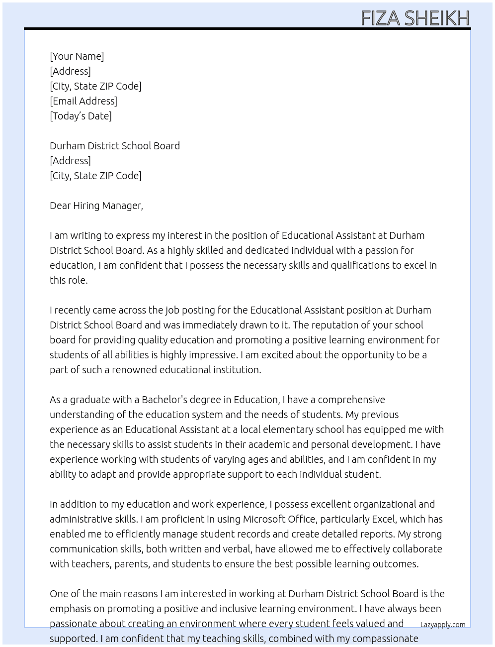 Educational Assistant At Durham District School Board  Cover Letter