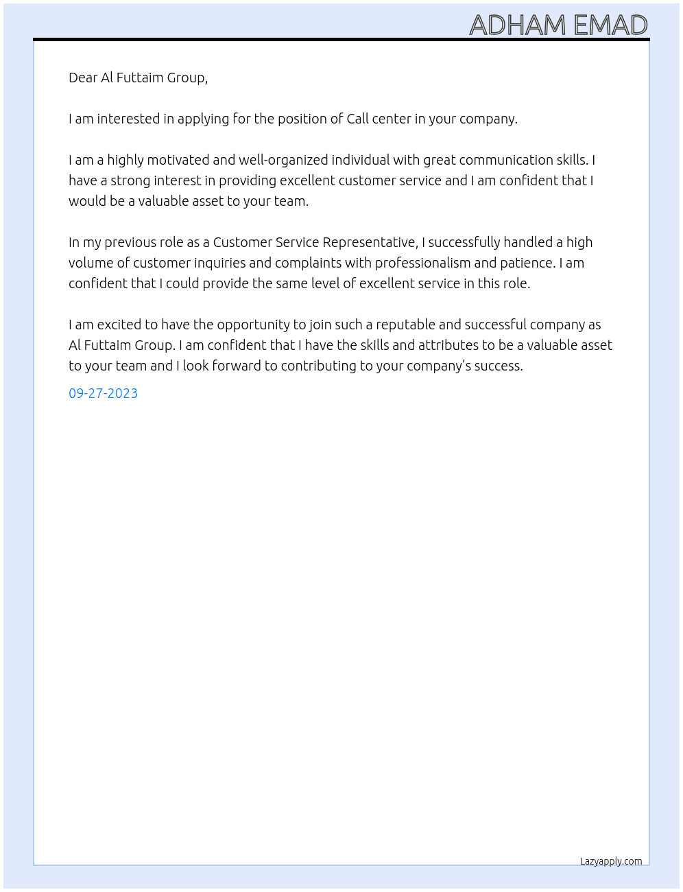 Call center At Al Futtaim Group Cover Letter