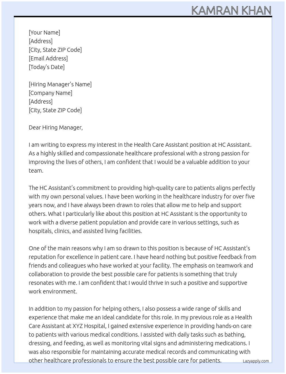 Health Care Assistant At HC Assistant Cover Letter