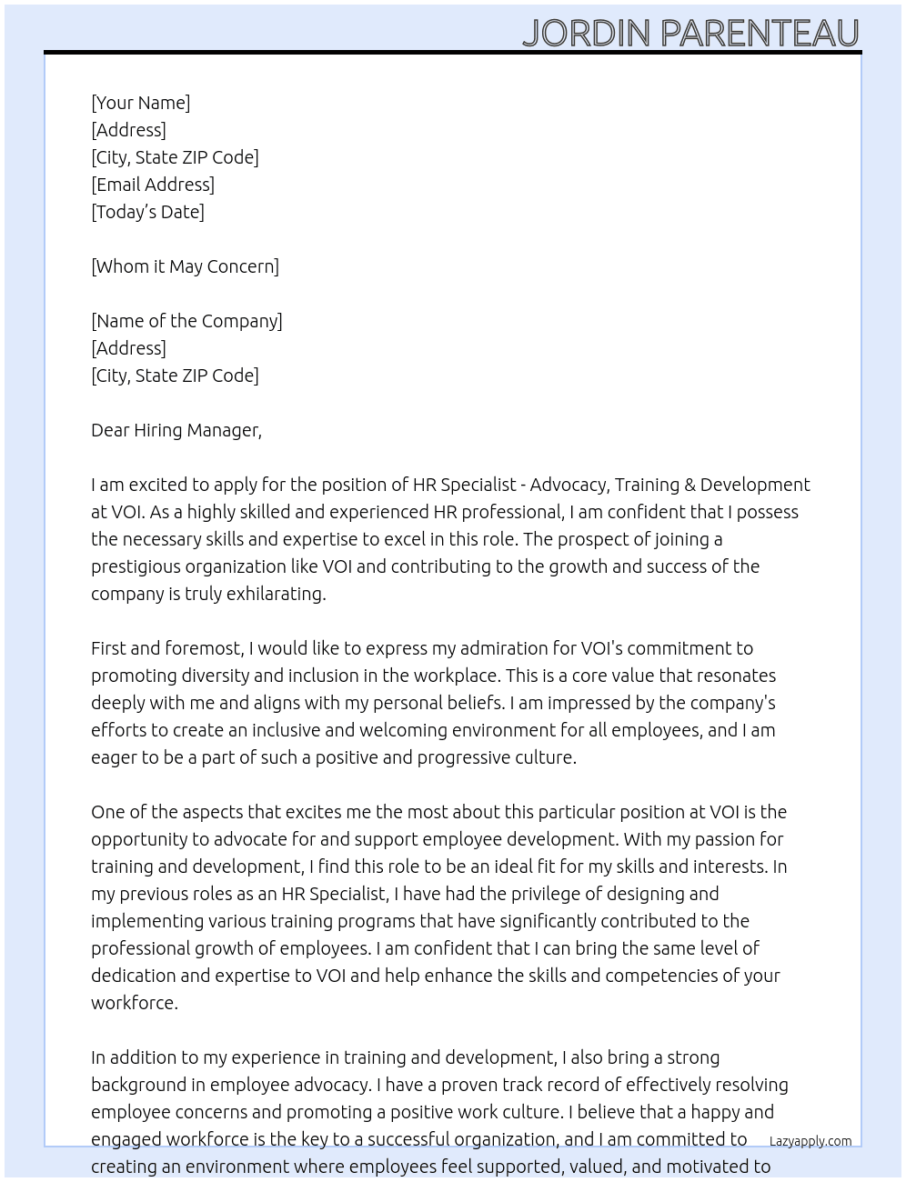 HR Specialist - Advocacy, Training & Development At VOI Cover Letter
