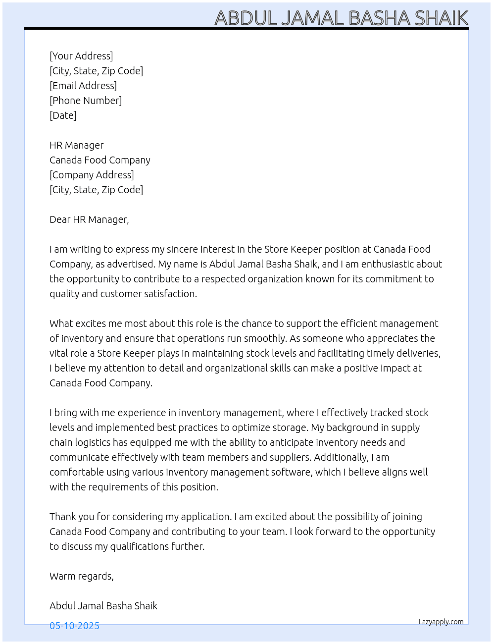 Store Keeper At canada food company Cover Letter