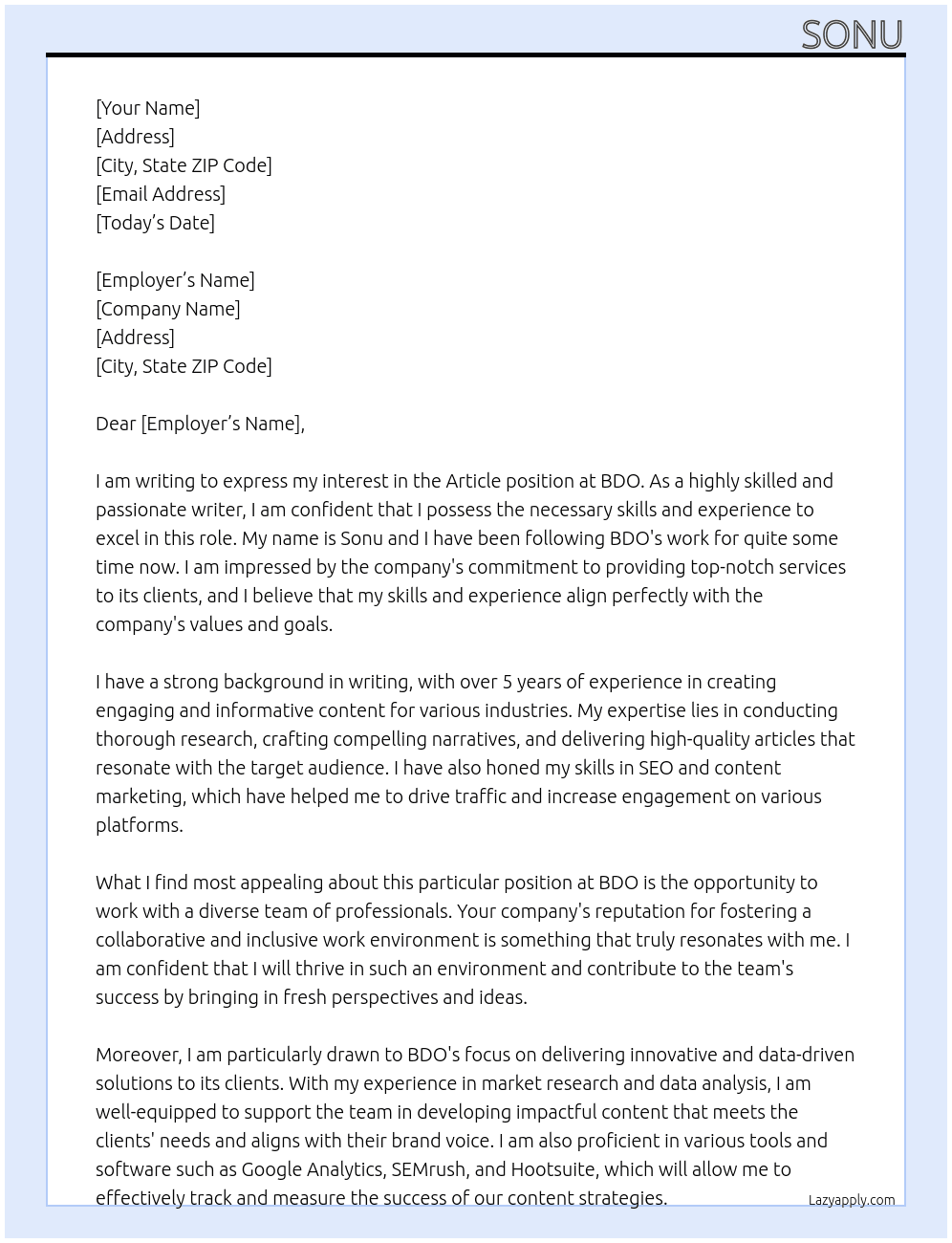 Article At BDO Cover Letter