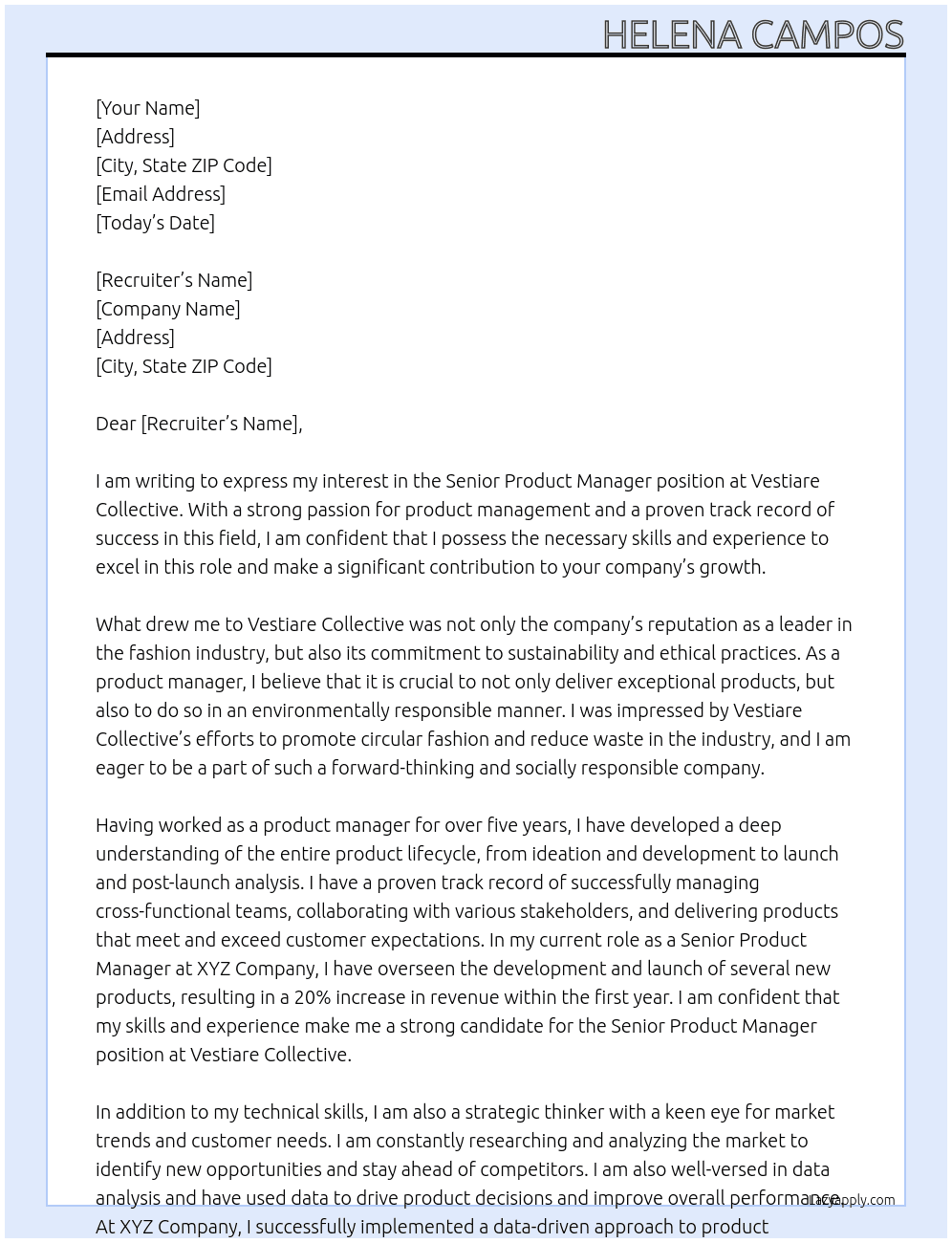 Senior Product Manager At Vestiare Collective Cover Letter